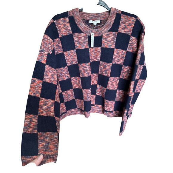 NWT Madewell Checkered Pullover Sweater Boxy Cropped Navy Blue Pink Size Large - Picture 4 of 13